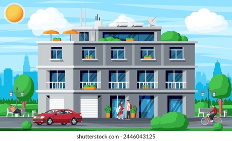 Modern Apartment Building Landscape. Exterior or Facade of Small City Apartment. Urban Fashioned Residential Brick Building. Multistory Living Houses with Balconies. Flat Vector Illustration