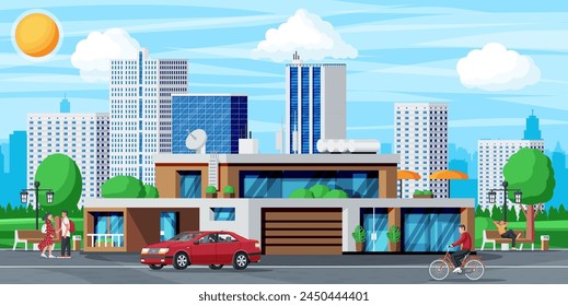 Modern Apartment Building Landscape. Exterior or Facade of Small City Apartment. Urban Fashioned Residential Brick Building. Multistory Living Houses with Balconies. Flat Vector Illustration