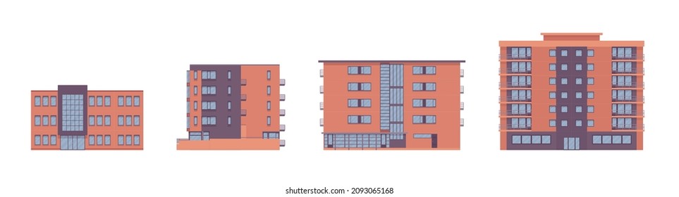 Modernos edificios independientes, arquitectura y paisaje urbano. Ciudad contemporánea, uso comercial, edificio de oficinas de varios pisos. Ilustración de dibujos animados de estilo plano vectorial, secciones modulares