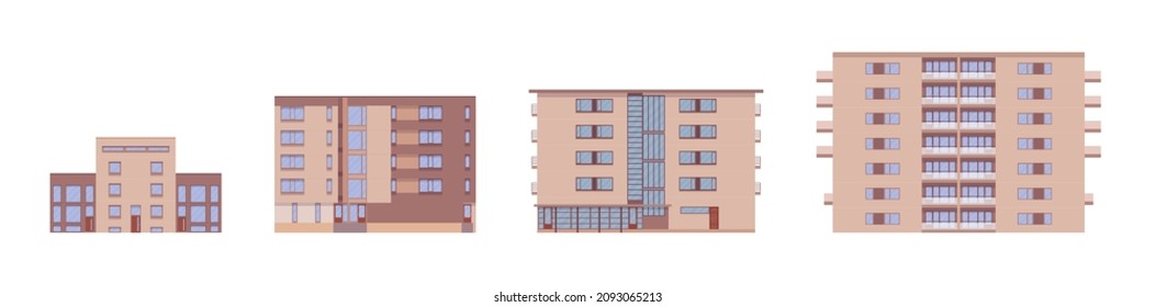 Modern apartment detached buildings set, architecture urbanscape. Contemporary city living, commercial use, multi-storey office building. Vector flat style cartoon illustration, modular sections