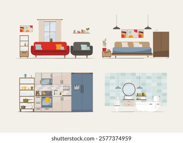 Modern apartment with equipment (furniture, sofa, armchair, dishes). Kitchen, bathroom, living room. Flat Vector illustration
