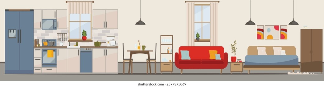 Modern apartment with equipment (furniture, sofa, armchair, dishes). Kitchen, bathroom, living room. Flat Vector illustration