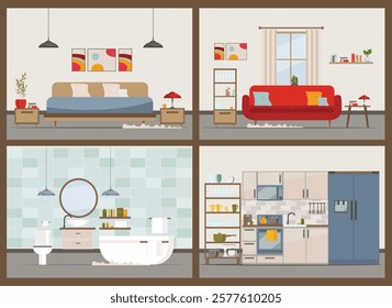 Modern apartment with equipment (furniture, sofa, armchair, dishes). Kitchen, bathroom, living room, bedroom.Flat Vector illustration