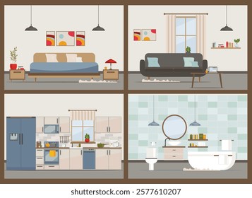 Modern apartment with equipment (furniture, sofa, armchair, dishes). Kitchen, bathroom, living room, bedroom.Flat Vector illustration