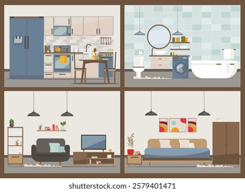 Modern apartment with equipment (furniture, sofa, armchair, dishes). Kitchen, bathroom, living room, bedroom.Flat Vector illustration