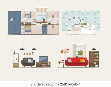 Modern apartment with equipment (furniture, sofa, armchair, dishes). Kitchen, bathroom, living room. Flat Vector illustration