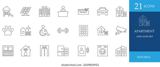 Modern apartment icon set featuring smart home, gym, pool, green building, biophilic design, rooftop garden, coworking, elevator access, perfect for property marketing.
