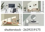 Modern apartment interior. Flat set of home office, living room, kids room and bathroom corner in neutral tones