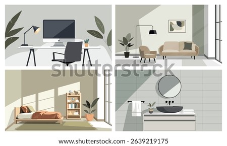 Modern apartment interior. Flat set of home office, living room, kids room and bathroom corner in neutral tones