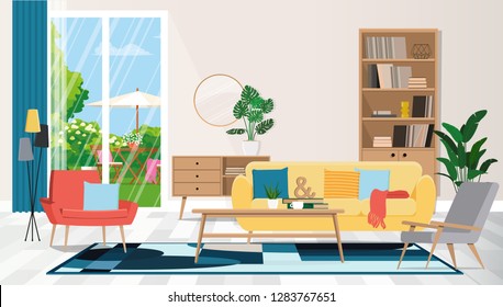 Modern apartment interior. Living room with furniture. View of the backyard from the window. Vector flat illustration.