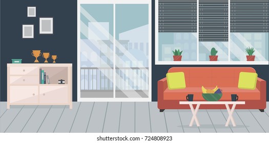 Modern apartment, living room interior with furniture, big window and sliding glass door to balcony  with cityscape view in flat style. Vector illustration.