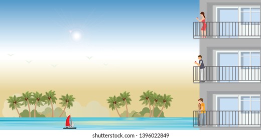 Modern Apartment on beach with resting peoplein sunset, vector illustration.