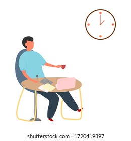 
Moderno apartamento en un fondo blanco. Diseño interior. Concepto de oficina en el hogar. Dibujo vectorial plano de caricatura. Tecnologías de Internet. Un hombre bebe café mientras trabaja en un ordenador portátil.