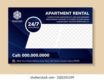 Modern Apartment For Rent Poster, Flyer Template design, Home For Rental, Real Estate banner in horizontal layout. diagonal space photo collage and text. polygonal triangle blue gradient background.