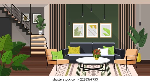 Modern apartment with stylish living room with comfortable sofa, modern armchairs, flowers in pot and paintings and stairs to next floor. Interior design. Vector illustration. 