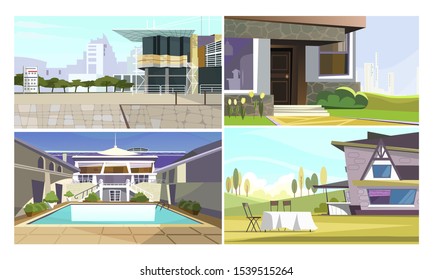 Modern apartments vector illustration set. Smart house, trendy facade, patio, swimming pool. Architecture or real estate concept