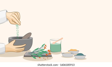 Modern Apothecary, Making Of Herbal Medicine, Sprinkling Of Spices, Traditional Or Ancient Therapy, Hands Making And Mixing Herbal And Spice Ingredients. Vector Illustration, Flat Design