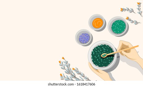 Modern apothecary, making of herbal medicine, traditional or ancient therapy, Top view of hands mixing herbal and spice ingredients. vector illustration, flat design