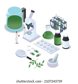 Modern apothecary, making of herbal medicine isometric 3d vector concept for banner, website, illustration, landing page, flyer, etc.