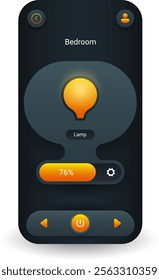 A modern app interface for controlling room lamps featuring a central light icon, brightness adjustment slider, and power button