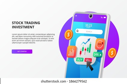 Modern app stock securities trading investment with candlestick chart illustration with 3d phone money growth