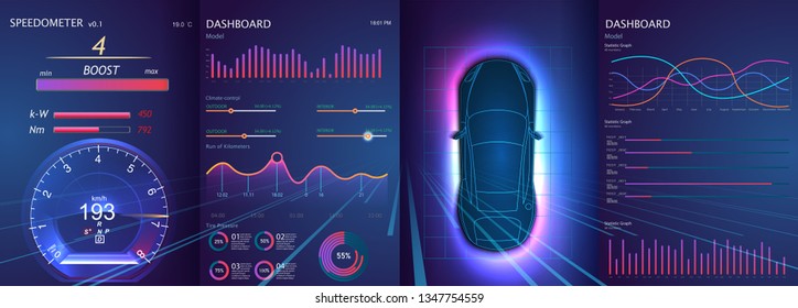 Modern Application Elements For Car, Great Design For Any Purposes. Design HUD GUI Future Car Template. Car Dashboard. Data Dashboard. Isolated Vector Set. Computer Icon.