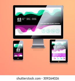 Modern application template design for corporate identity with statistics and infographics. ?omputer tablet and phone set.