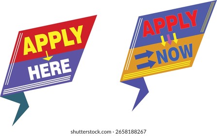 Modern apply now and apply here vector label set with bold arrows for hiring and job promo ads
