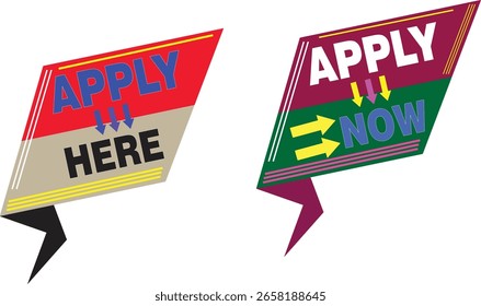 Modern apply now and apply here vector label set with bold arrows for hiring and job promo ads