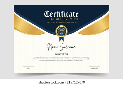 Modern Appreciation and Achievement Certificate Template Design, Blue and gold certificate of achievement template with gold badge and border, certificate best award diploma set