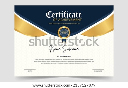 Modern Appreciation and Achievement Certificate Template Design, Blue and gold certificate of achievement template with gold badge and border, certificate best award diploma set