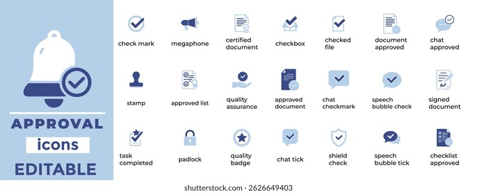Modern approval vector icons for UI, business, and apps. Clean, editable symbols for confirmation, success, and validation.
