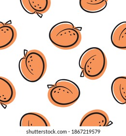 Modern apricot pattern. Cute hand drawn  apricots  on a white background. Orange juicy fruits with black outline. Hand-drawn seamless pattern for textiles and cards.