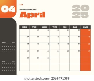 Modern April 2025 calendar planner template.  Ideal for scheduling and organization.