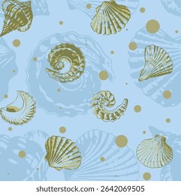 Modern aquamarine sea shells, clams seamless printable pattern. Hand drawn organic fossil pattern ideas for backdrops, home decor, textile, poster, banner, templates, brochure, carpet and rugs.