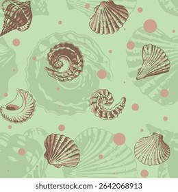 Modern aquamarine sea shells seamless printable pattern. Hand drawn organic fossil pattern ideas for backdrops, home decor, textile, poster, banner, templates, brochure, carpet and rugs.