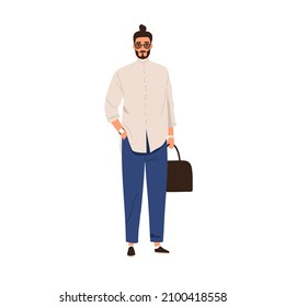 Modern Arab business man in fashion outfit. Muslim person in casual apparel and sunglasses. Businessman portrait, wearing shirt, pants and bag. Flat vector illustration isolated on white background