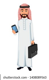 Modern Arab business man holds smartphone and briefcase. Successful businessman cartoon character. Vector illustration