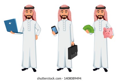 Modern Arab business man, set of three poses. Successful businessman cartoon character holds laptop, holds smartphone and holds money and piggy bank. Vector illustration