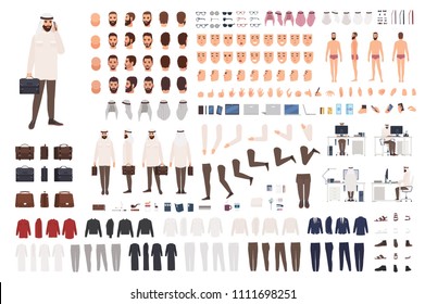 Modern Arab businessman constructor or DIY kit. Collection of male office worker body parts, facial expressions, traditional clothing isolated on white background. Cartoon vector illustration.