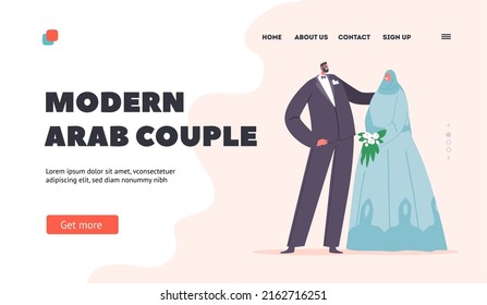 Modern Arab Couple Landing Page Template. Newlywed Man and Woman Wear Festive Clothes. Happy Smiling Islamic Marriage, Muslim Groom and Bride Characters Wedding. Cartoon People Vector Illustration