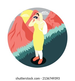 Modern arab muslims saudi people round composition with view of muslim woman in mountains with binocular vector illustration