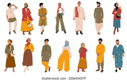 Modern arab people, young male and female characters in traditional dress and headwear. Isolated trendy arabian men and women. Muslim culture and fashion, Cartoon linear flat vector illustration