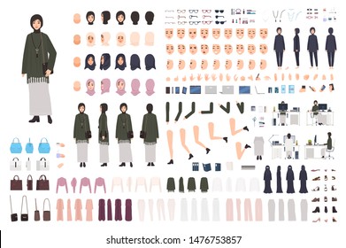 Modern Arab woman in traditional clothes DIY set or constructor kit. Collection of body parts, postures, headdresses. Female cartoon character. Front, side, back views. Flat vector illustration.