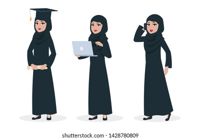 Modern Arab Woman Vector Character. Muslim Woman Graduate And Business Lady Illustration. Arabic Business Woman In Traditional Dress