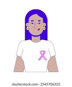 Modern arab woman wearing tshirt solidarity ribbon 2D cartoon character. Breast cancer awareness tee female middle eastern isolated person flat vector on white background. Spot illustration colorful