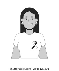 Mulher árabe moderna vestindo camisa fita de solidariedade preto e branco personagem linha 2D. Consciência do câncer de mama T mulher do vetor isolado do oriente médio pessoa contorno. Ilustração de ponto monocromático