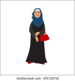 The modern Arabian woman with the red lady bag isolated on white. 