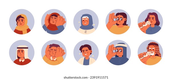 Modern arabic people 2D vector avatars illustration set. Saudi, muslim hijab cartoon character faces portraits collection. Enjoying life flat color users profile images isolated on white background