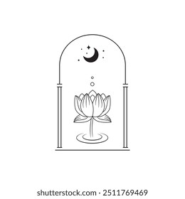 Modern arch frame with lotus flowers and moon, vector logo design element.